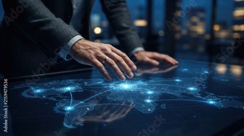 Businessman interacting with futuristic digital world map on touch screen interface, for global connectivity, international business growth strategic corporate networking