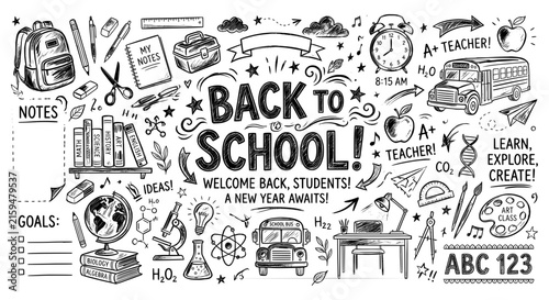 Hand drawn back to school doodle set, black and white education icons on white background, school bus and supplies vector illustration