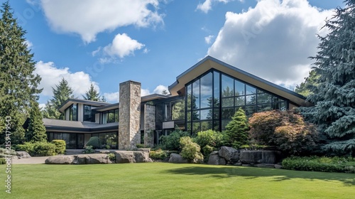 Modern Luxury Mansion Exterior with Large Windows and Stone Chimney