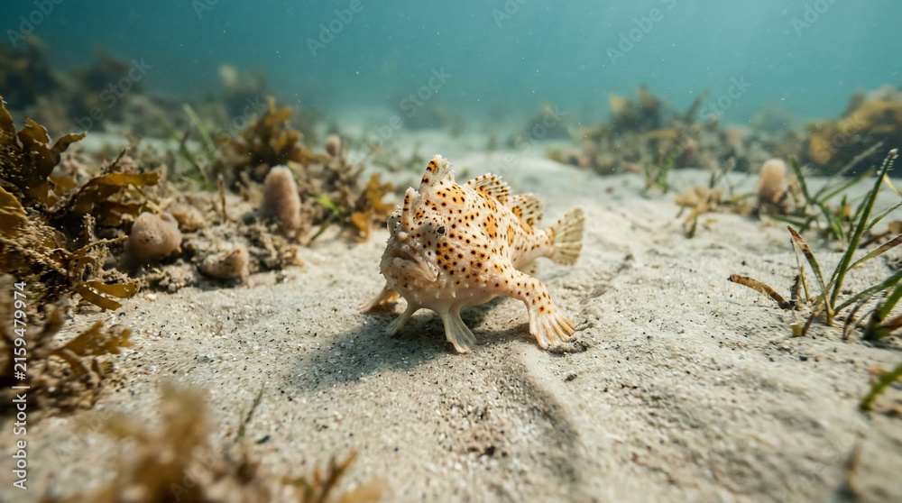 Fototapeta premium A detailed close-up shot of a unique warty frogfish camouflaged on the sandy ocean floor surrounded by marine plants
