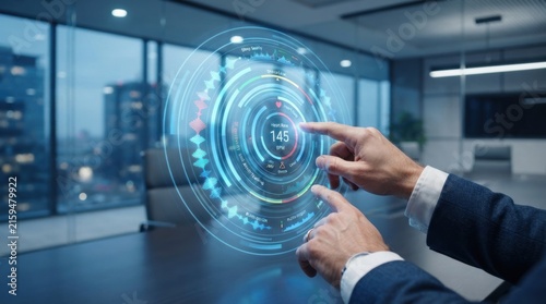 Businessman interacting with futuristic holographic health interface with heart rate medical data, for advanced digital healthcare, wellness monitoring biotechnology