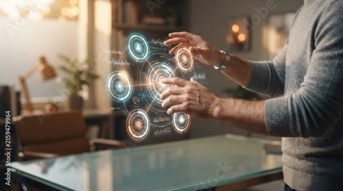Businessman interacting with futuristic holographic digital interface in modern office, for advanced technology, data analysis, strategic planning global business connectivity