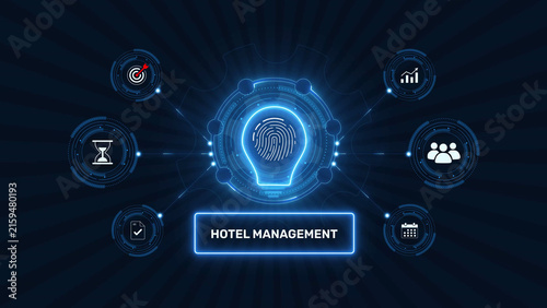 Fotografía Hotel management and hospitality industry system graphic loop with glowing biome