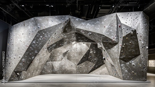 Large Indoor Bouldering Wall with Geometric Climbing Holds