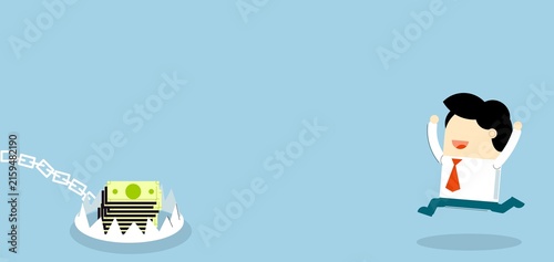 Businessman escaping a money trap, warning about dangerous business risks