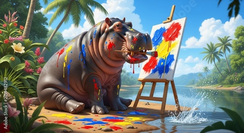 Creative Hippopotamus Painting on Canvas by a Tropical River