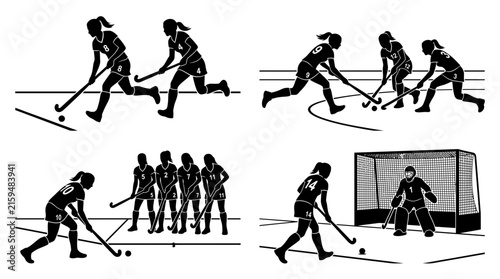 Set of silhouettes showing female field hockey players in action.