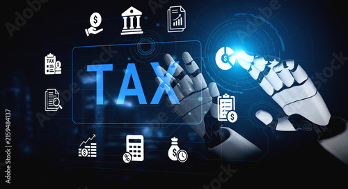 фотографія Futuristic robotic hands interact with tax symbols in a digital interface, symbolizing the convergence of technology and finance in modern accounting practices