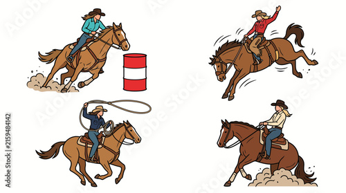 Set of Western Rodeo Activities with Cowboys and Cowgirls Riding Horses.