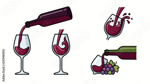 Set of wine pouring icons and illustrations with glasses and bottles.