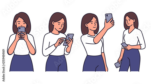 Set of young woman using smartphone in different poses.