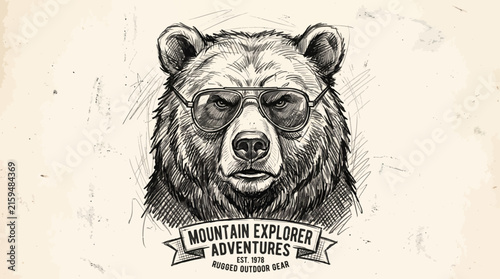 Vintage Hand Drawn Bear Wearing Sunglasses Mountain Explorer Logo Design.