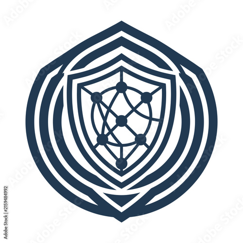 A dark blue shield icon featuring a complex network node design