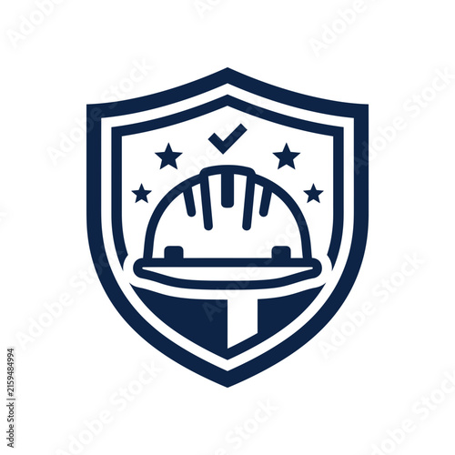 A dark blue shield icon featuring a construction safety helmet