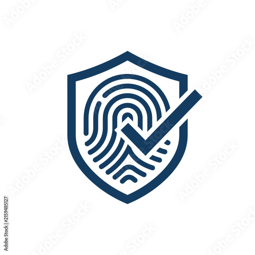 A dark blue shield icon featuring a fingerprint and check mark