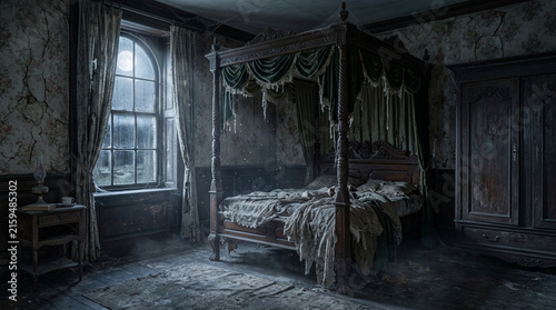 Abandoned Victorian Bedroom with Canopy Bed at Night