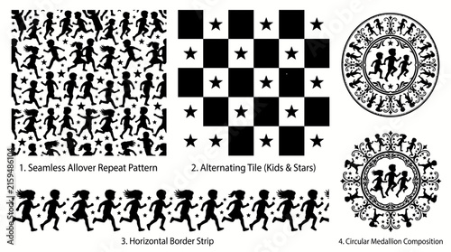 Black and white graphic patterns featuring silhouettes of running children and stars.