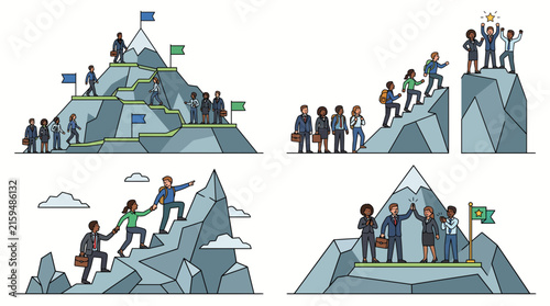 Business Team Reaching Mountain Summit Goals Illustration.