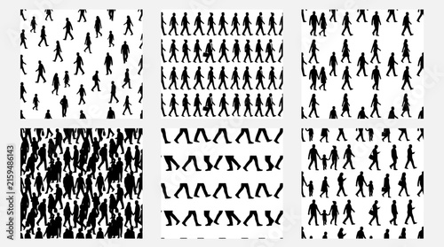 Collection of black silhouettes of people walking and standing in various poses.