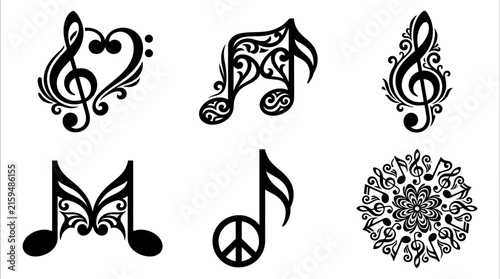 Collection of decorative music note symbols and artistic musical icons.