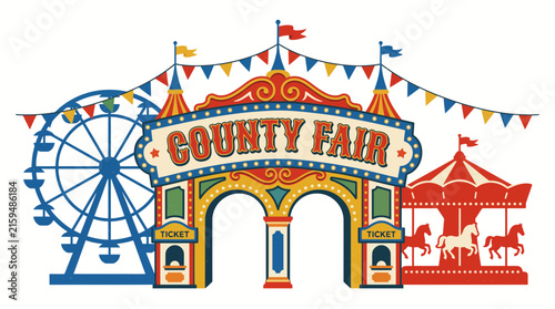 County Fair Entrance With Ferris Wheel and Carousel Illustration.