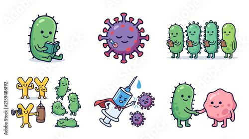 Cute Cartoon Bacteria and Virus Characters Collection.