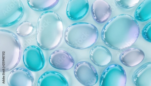 Translucent blue and aqua gel droplets arranged in abstract pattern with soft iridescent highlights