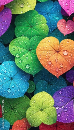 Vibrant colorful leaves with water droplets closeup nature background