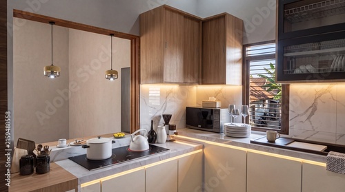 Modern Kitchen Interior with Warm Wooden Cabinetry and Ambient LED Lighting Solutions