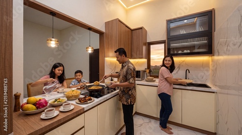A family enjoying a meal together in a beautifully designed modern kitchen, showcasing a harmonious blend of functionality and style