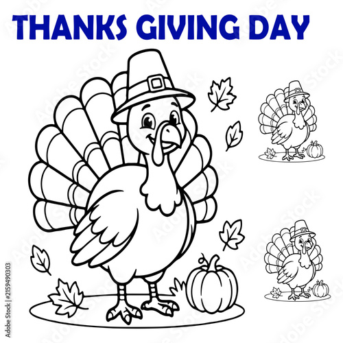 Cartoon turkey and pumpkins celebrating Thanksgiving day holiday