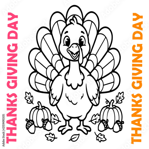 Cute cartoon turkey with pumpkins for Thanksgiving Day greeting