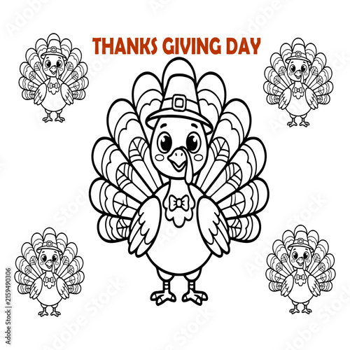 Cute cartoon turkey family celebrating Thanksgiving Day together