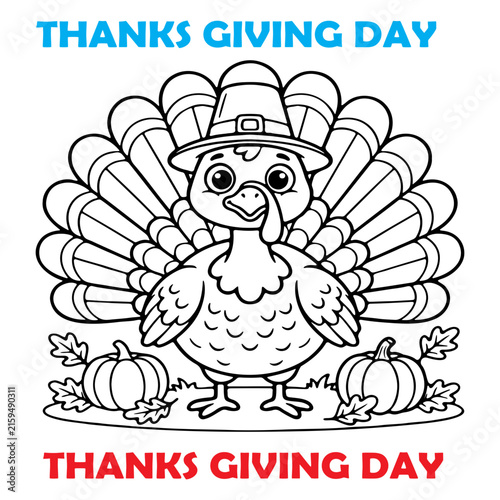 Hand-drawn cartoon turkey with pilgrim hat and pumpkins for thanksgiving