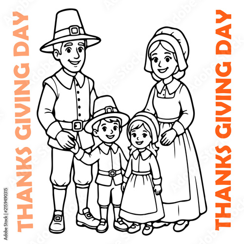 Pilgrim family celebrating Thanksgiving in vintage style illustration