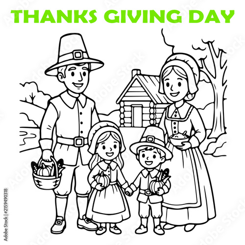 Pilgrim family celebrating Thanksgiving with traditional costumes
