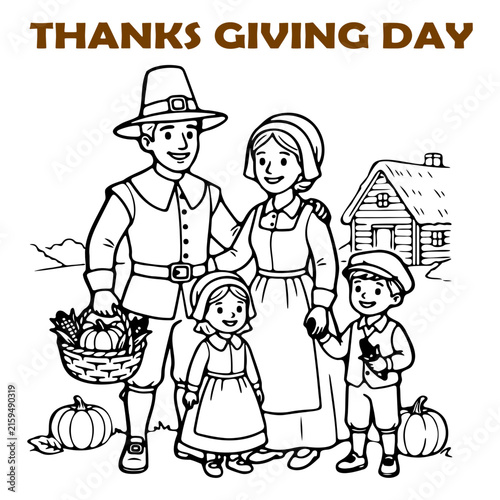 Thanksgiving day family celebration with pumpkins and pilgrim costumes