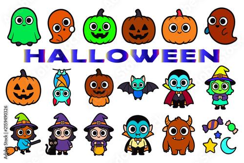 Colorful Halloween cartoon characters and pumpkins vector illustration