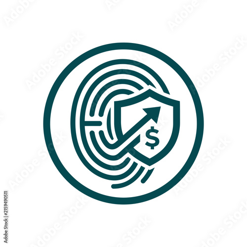 A dark green icon showing a fingerprint and a financial shield