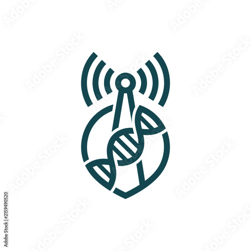 A dark green icon showing a radio tower and dna strand