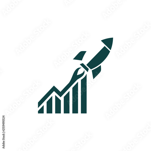 A dark green icon showing a rocket launching from a bar chart
