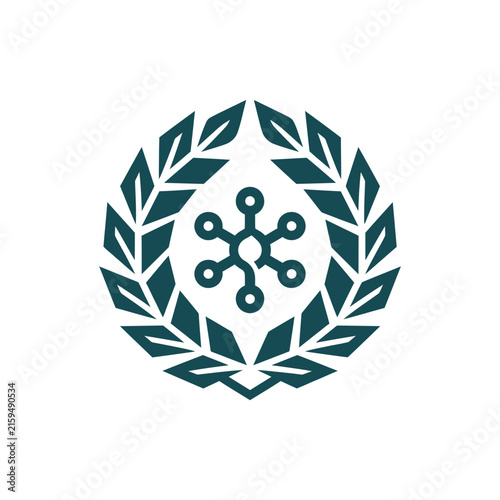 A dark green laurel wreath icon with a central digital node