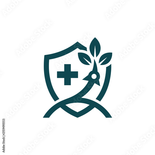 A dark green medical shield icon with a growing plant sprout