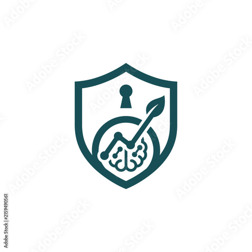 A dark green shield icon featuring a brain and leaf growth