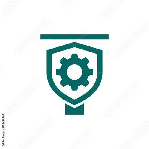 A dark green shield icon featuring a central mechanical gear symbol