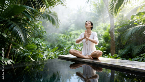 Woman meditating in a secluded tropical wellness sanctuary