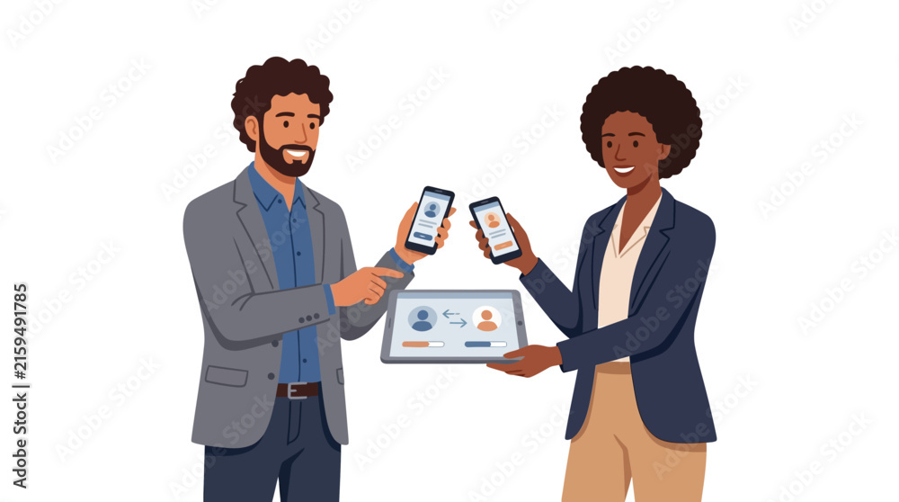 Fototapeta premium Two diverse business partners exchanging digital contact information using smartphones and tablet flat vector element.