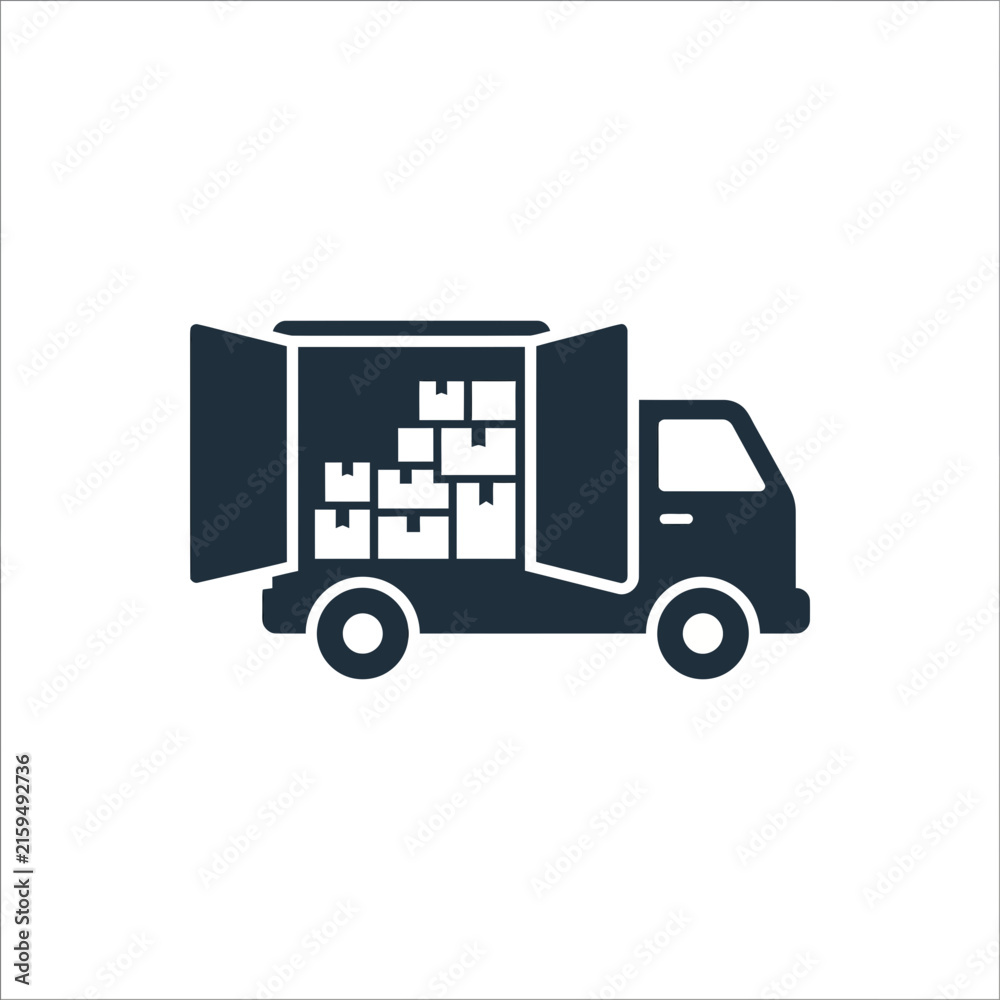 Naklejka premium A dark silhouette icon of a delivery truck carrying many boxes