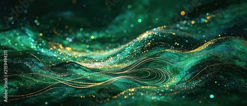 Dark‑green gilded fluid vertical abstract backdrop, flowing golden lines with glitter bokeh, luxurious emerald‑gold texture, invitation poster vertical template graphic