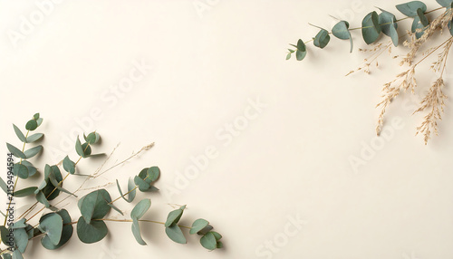 Flat lay arrangement of eucalyptus branches and dried grass on neutral surface with central copy space